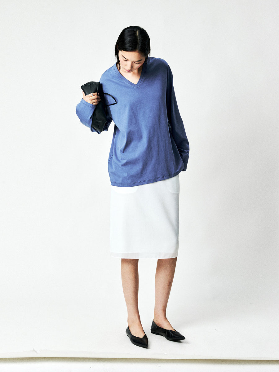 Japanese Combed Cotton V-Neck Long Sleeve Tee | Drop Shoulder | Twin-Needle Hem | Women Top | MRS Studios