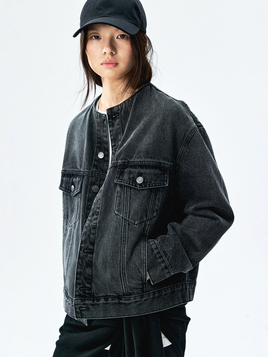 Washed Cotton Denim Collarless Jacket