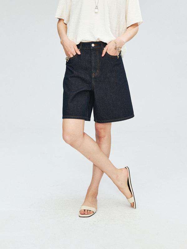 Vintage-Wash Bermuda Denim Shorts | Five-Pocket Workwear Cut | Knee-Length Bermuda Silhouette | Women Jeans | MRS Studios