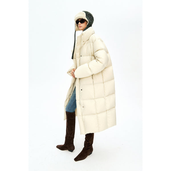 Detachable Hood Long Down Coat | Box-Quilt Bread Puffer | 90% White Goose Down | MRS Studios