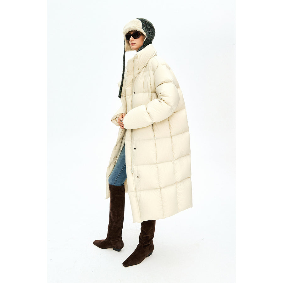 Detachable Hood Long Down Coat | Box-Quilt Bread Puffer | 90% White Goose Down | MRS Studios