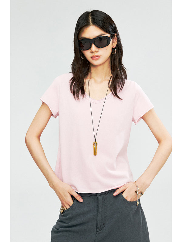 加新色   ）Snowflake Cotton V-Neck T-Shirt | Natural Rolled Raw Edges | Short Bell Sleeves | Women Top | MRS Studios