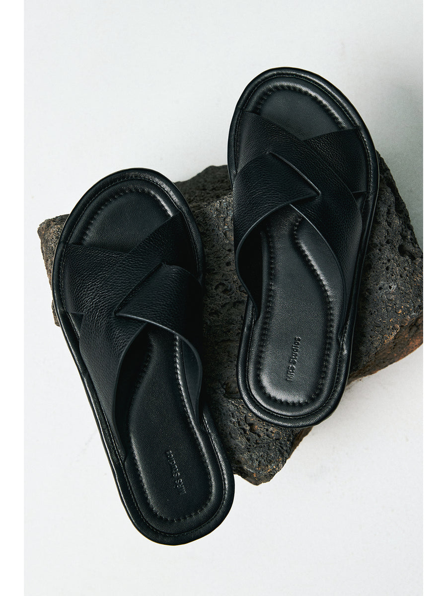 Calfskin Cross-Strap Mules | Lychee-Grain Leather | Leather Sole | Women Shoes | MRS Studios
