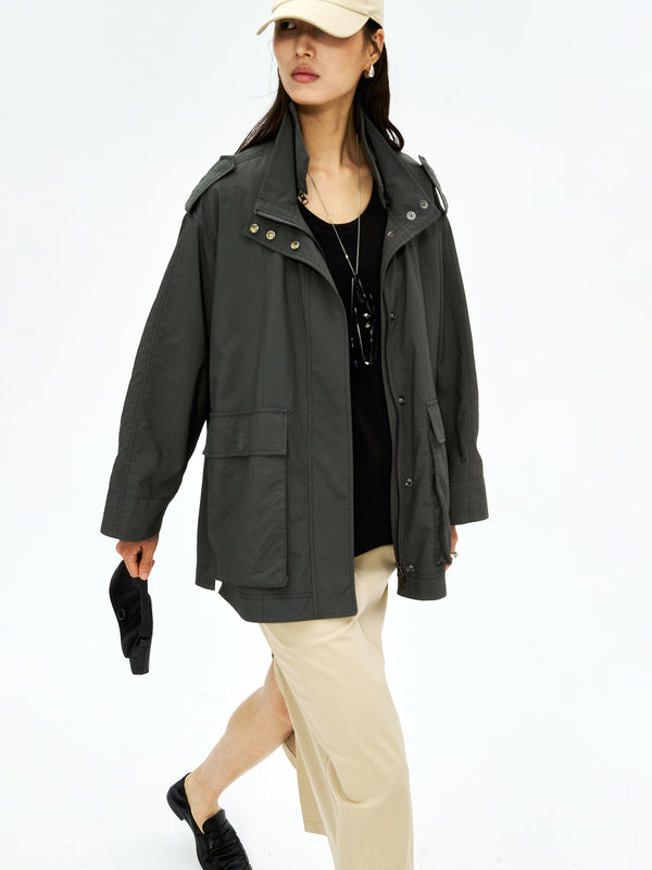 Japanese Polyamide Utility Jacket | 3D Box Pockets | Removable Collar Design | Women Jacket | MRS Studios