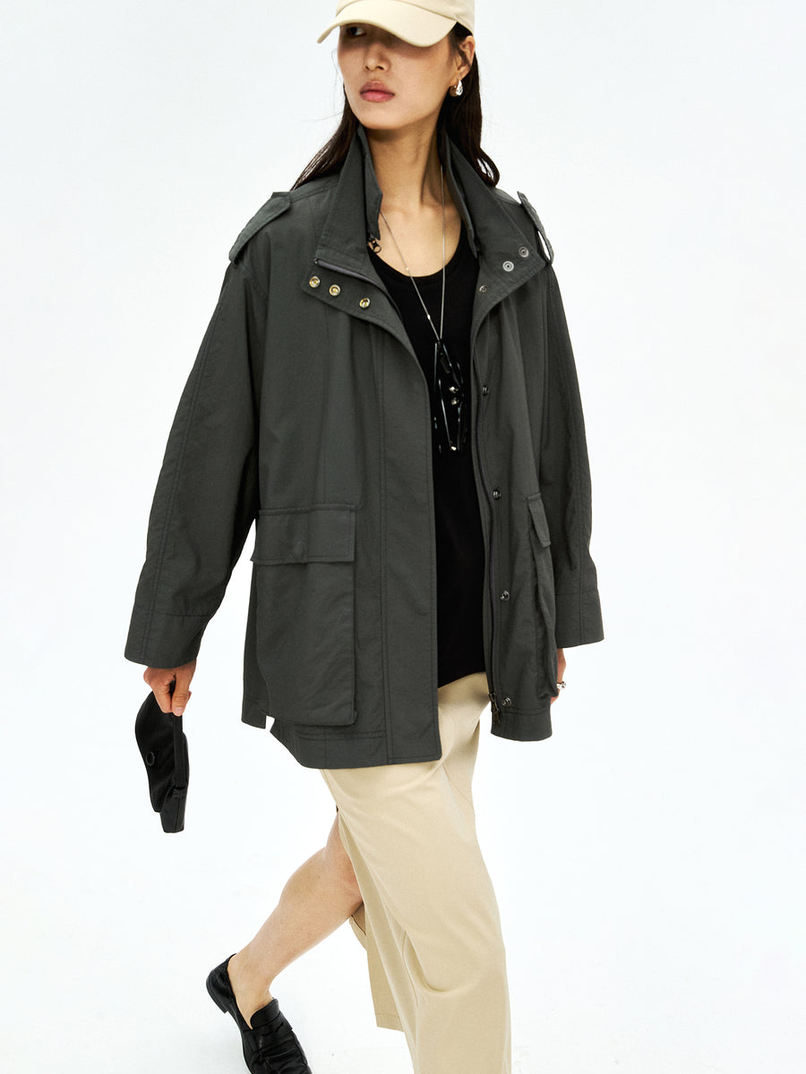 Japanese Polyamide Utility Jacket | 3D Box Pockets | Removable Collar Design | Women Jacket | MRS Studios