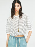 Linen Cotton Knit Stripe T-Shirt | Black White Pinstripe Knit | Drop-Shoulder Relaxed Cut | Women Top | MRS Studios