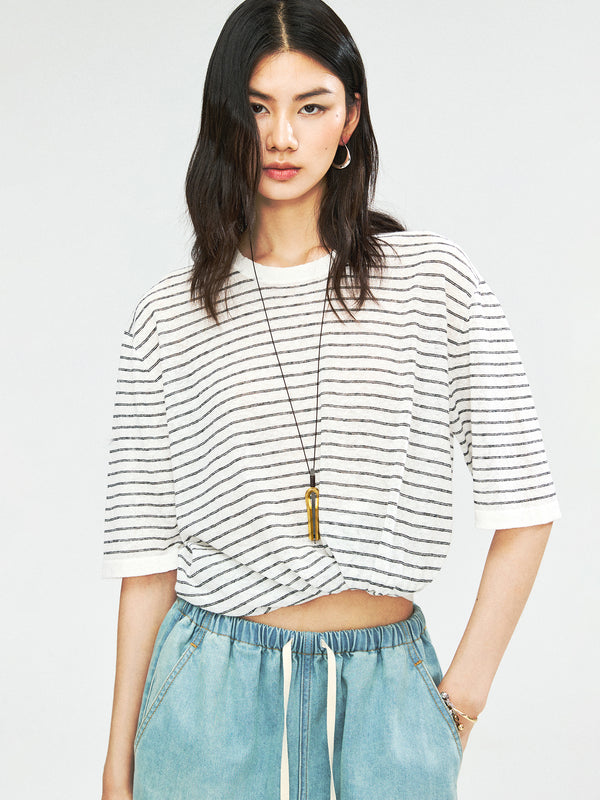 Linen Cotton Knit Stripe T-Shirt | Black White Pinstripe Knit | Drop-Shoulder Relaxed Cut | Women Top | MRS Studios