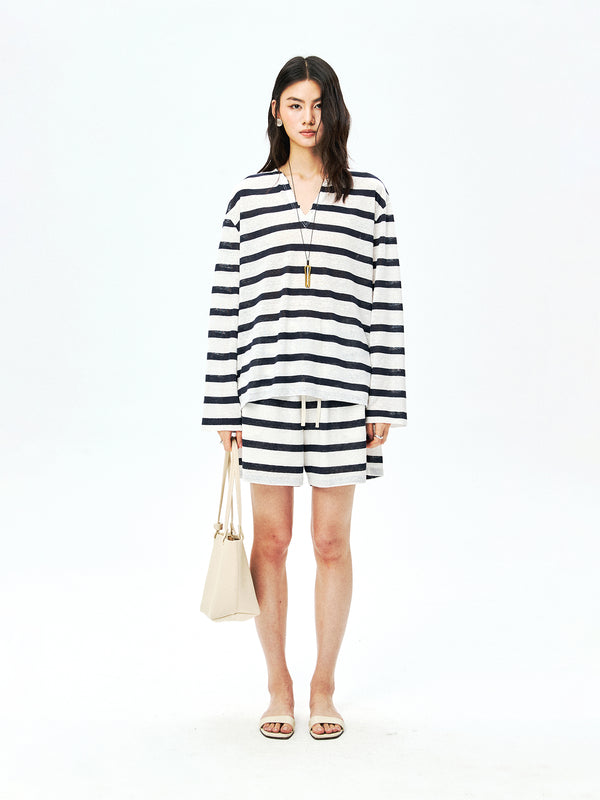 French Linen Striped Set | Frayed V-Neck Overshirt | Drawstring Shorts | Women Top and Shorts Set | MRS Studios