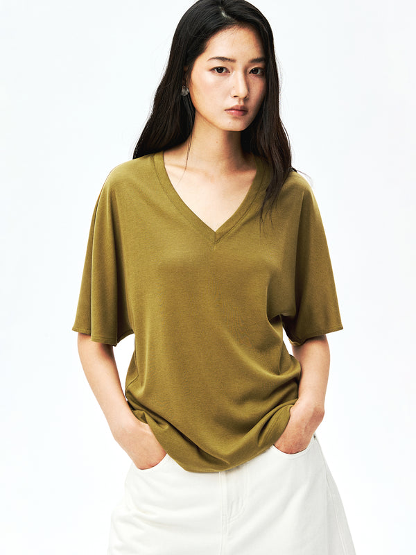 Lyocell Cotton T-Shirt | V-Neck | Relaxed Slimming Fit | Women Top | MRS Studios