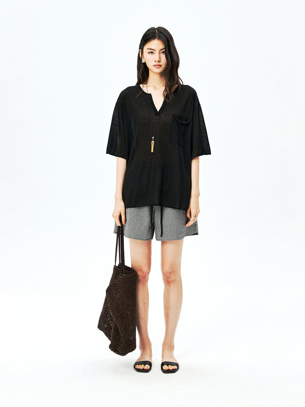 Acetate Linen Knit Top | Henley V-Neck | Pocket Detail | Women Knitwear | MRS Studios