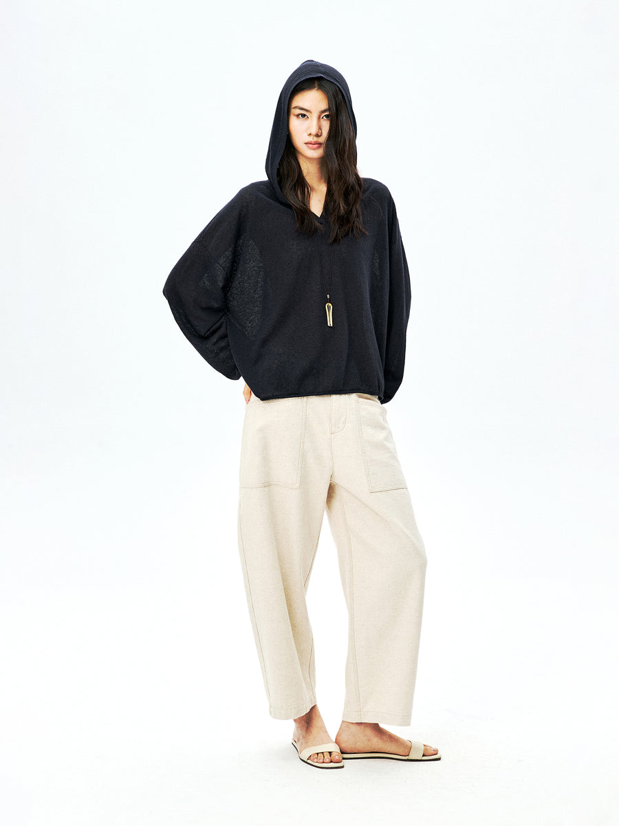Linen Cotton Hooded Sun-Protection Overshirt | Drop-Shoulder Relaxed Fit | V-Neck Ribbed Cuff | Women Top | MRS Studios