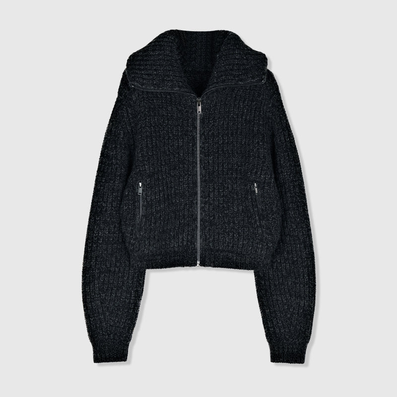 Chunky Wool Yak Blend High Collar Cardigan | Ribbed Knit | Cropped T-Silhouette | Women Knitwear | MRS Studios