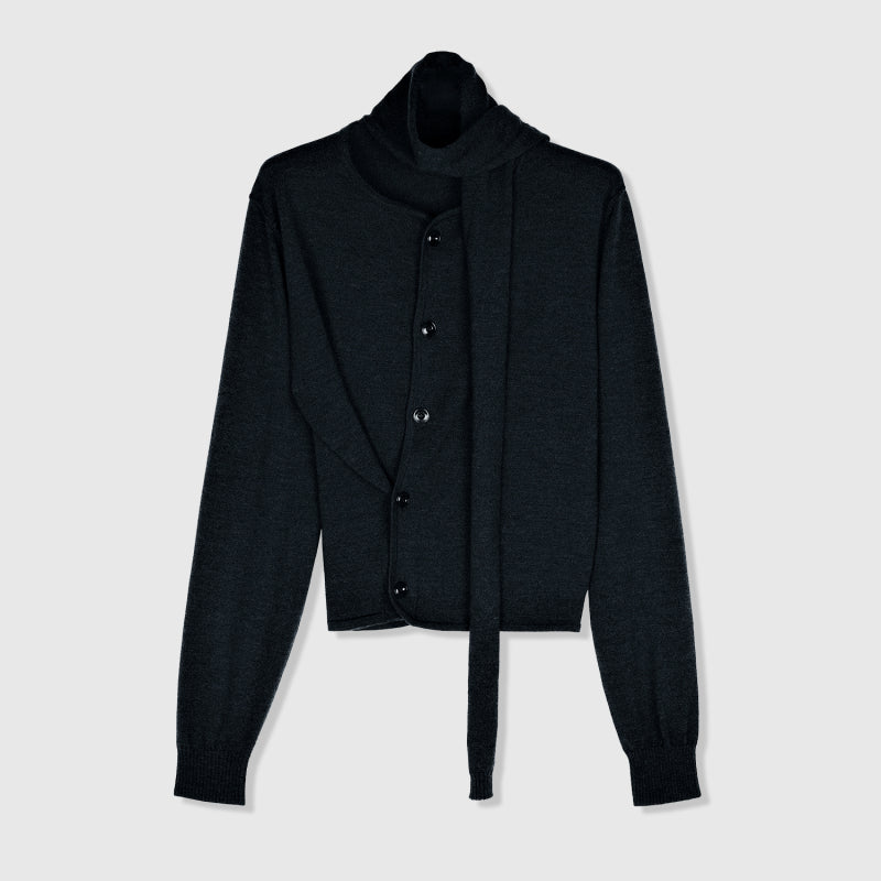 Asymmetric Wool Knit Cardigan | Drape Collar | Slanted Button Design | Sculpted Fit | Women Cardigan | MRS Studios