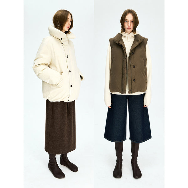 Cotton Shell Down Coat & Vest | 2-Way Lapel / Stand Collar | 90% White Goose Down | MRS Studios
