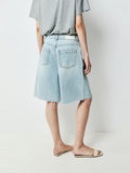 Long-Staple Cotton Bermuda Denim Shorts | Stone-Washed Vintage Finish | Hand-Frayed Hem | Women Jeans | MRS Studios