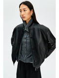 Uncoated Lambskin Baseball-Collar Jacket | Soft First-Layer Leather | Stand Collar & Zip Front | Women Jacket | MRS Studios