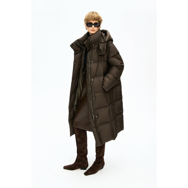 Detachable Hood Long Down Coat | Box-Quilt Bread Puffer | 90% White Goose Down | MRS Studios