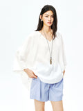 French Linen V-Neck Batwing Cape Blouse | Drop-Shoulder A-Line | Hi-Low Curved Hem | Women Top | MRS Studios
