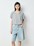Long-Staple Cotton Bermuda Denim Shorts | Stone-Washed Vintage Finish | Hand-Frayed Hem | Women Jeans | MRS Studios