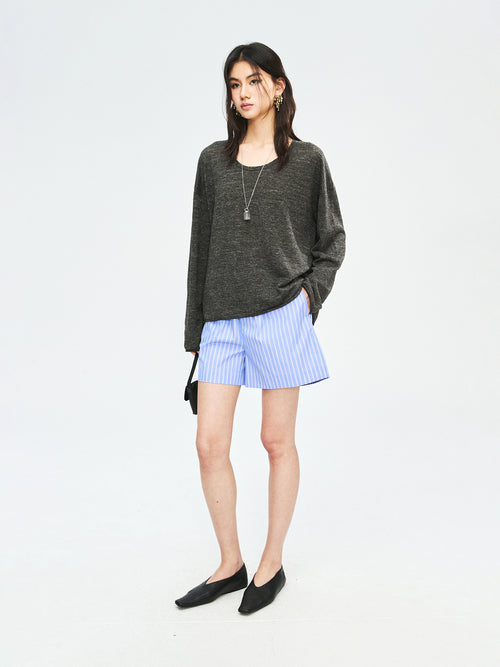 French Linen Yarn Knit Cover-Up | U-Neck Long Sleeve | Rolled Edge Finish | Women Top | MRS Studios