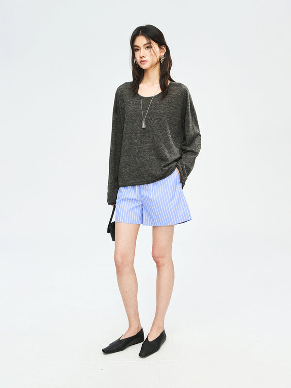 French Linen Yarn Knit Cover-Up | U-Neck Long Sleeve | Rolled Edge Finish | Women Top | MRS Studios