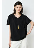 Snowflake Cotton V-Neck Pocket T-Shirt | Natural Raw-Edge Neckline | Relaxed H-Line Cut | Women Top | MRS Studios