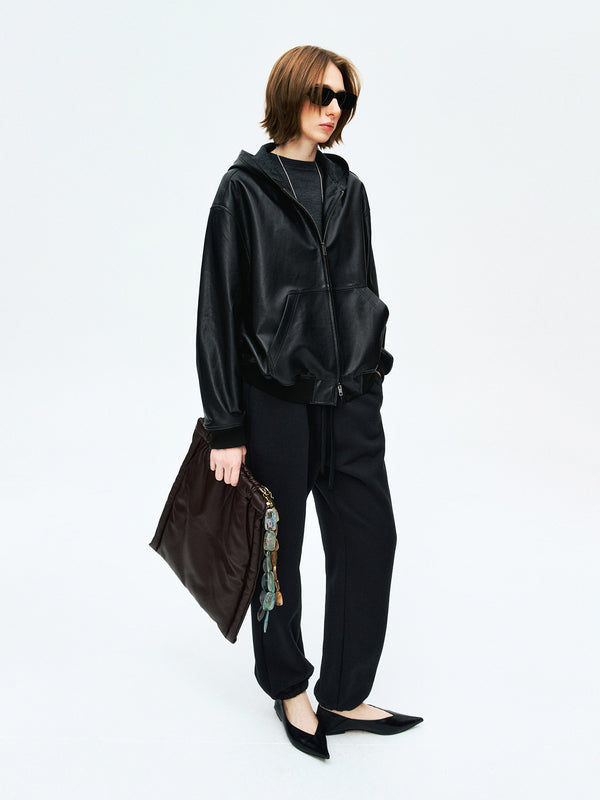 Hooded Vintage Lambskin Leather Jacket | Wool Knit Lining | Relaxed Drop-Shoulder Fit | Women Leather Jacket | MRS Studios