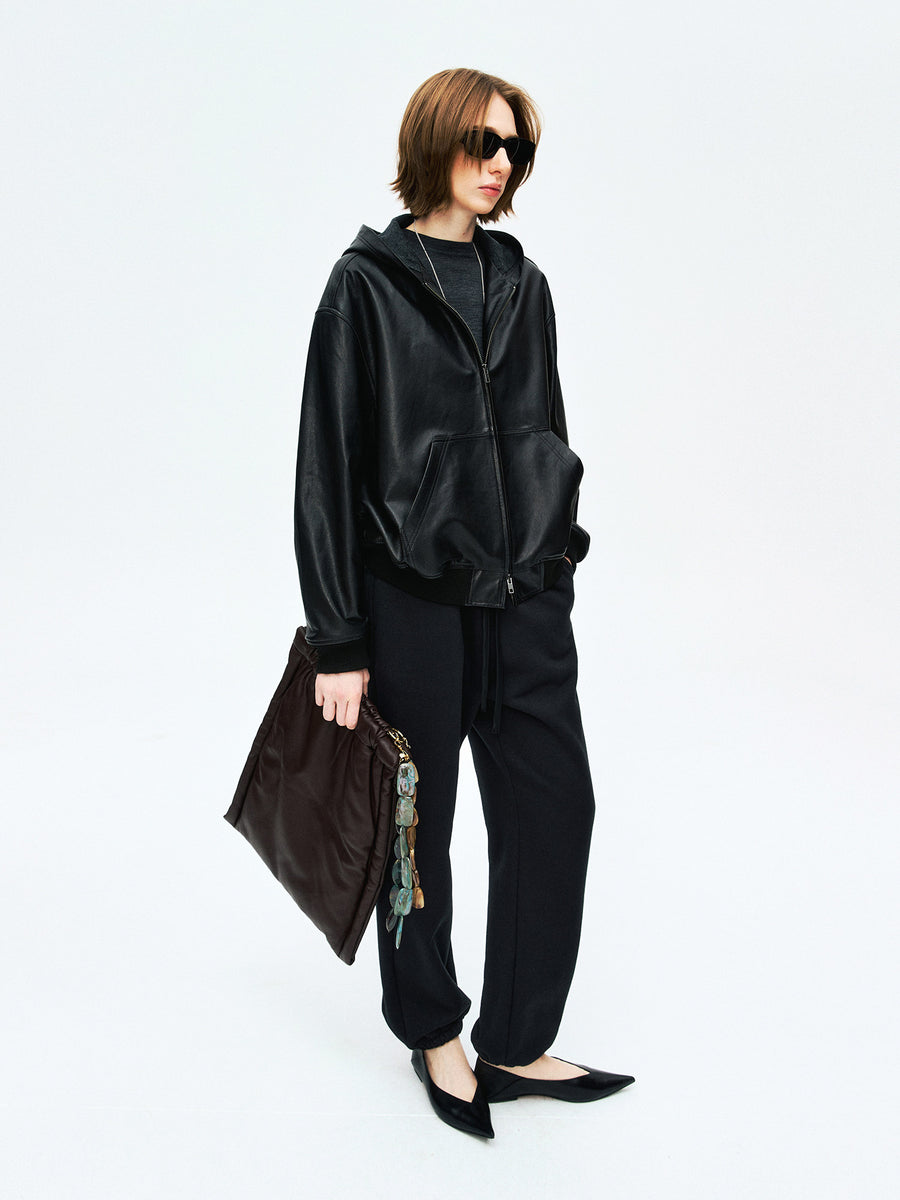 Hooded Vintage Lambskin Leather Jacket | Wool Knit Lining | Relaxed Drop-Shoulder Fit | Women Leather Jacket | MRS Studios