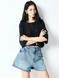 Long-Staple Cotton Denim Shorts | High-Waist A-Line | Distressed Detailing | Women Shorts | MRS Studios