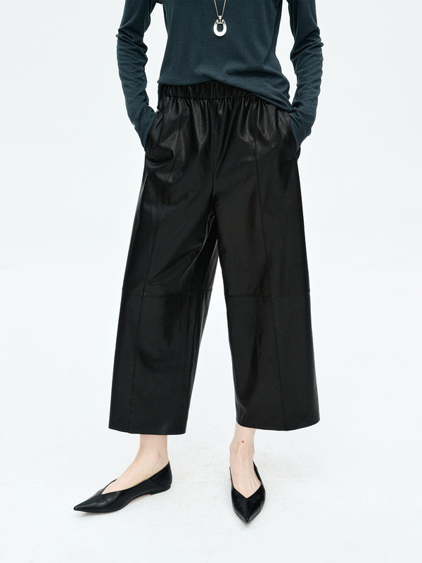 Wide Leg Sheepskin Leather Trousers | Elastic Waist 9/10 Length | Women Leather Pants | MRS Studios