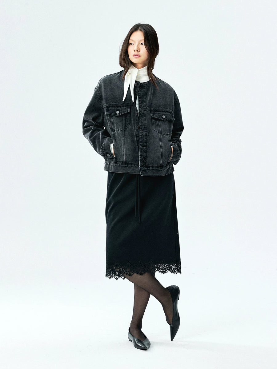 Washed Cotton Denim Collarless Jacket, view 3