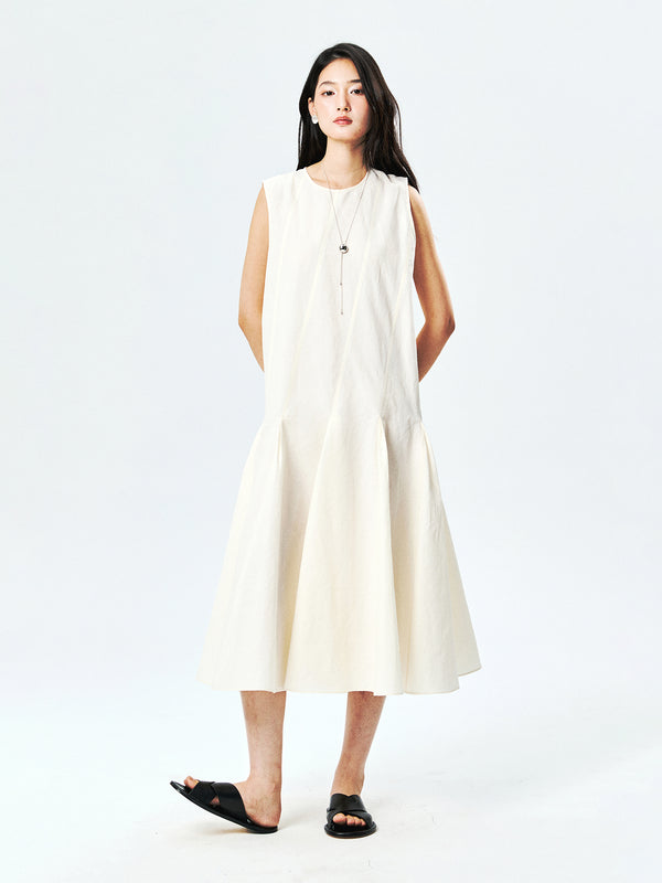 Linen-Cotton Sleeveless Dress | Diagonal Seam Lines | A-Line Flared Hem | Women Dress | MRS Studios