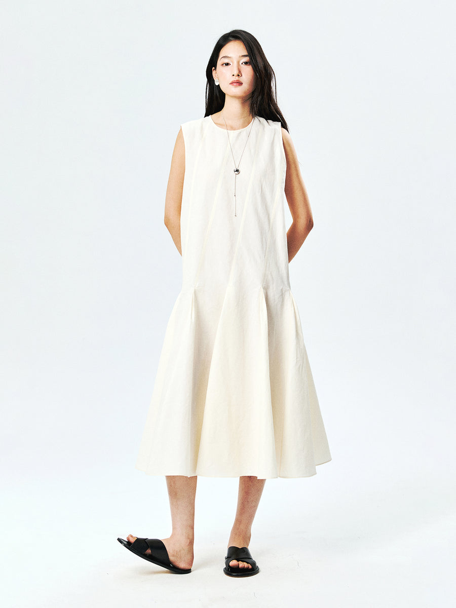 Linen-Cotton Sleeveless Dress | Diagonal Seam Lines | A-Line Flared Hem | Women Dress | MRS Studios
