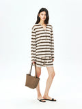 French Linen Striped Set | Frayed V-Neck Overshirt | Drawstring Shorts | Women Top and Shorts Set | MRS Studios