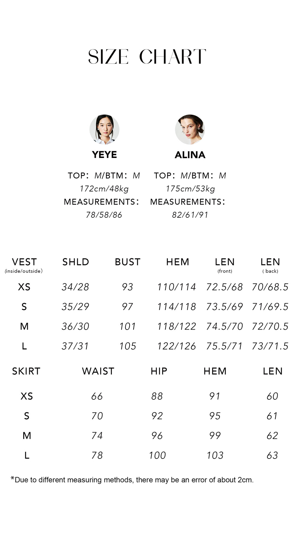 Size chart for Fine Merino Wool Vest & Pencil Skirt Set