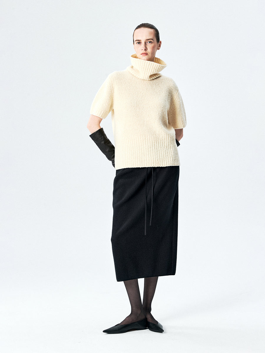Merino Boucle Short-Sleeve Turtleneck