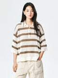 Washi Paper Yarn Knit Polo | Open-Mesh Stripes | Drop-Shoulder Mid-Sleeve | Women Knitwear | MRS Studios