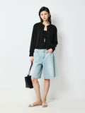 Long-Staple Cotton Bermuda Denim Shorts | Stone-Washed Vintage Finish | Hand-Frayed Hem | Women Jeans | MRS Studios