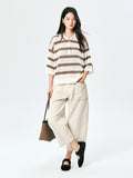 Washi Paper Yarn Knit Polo | Open-Mesh Stripes | Drop-Shoulder Mid-Sleeve | Women Knitwear | MRS Studios