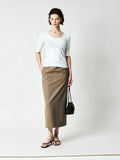 Acetate Mulberry Silk Ribbed Tee | Wide Round Neck | Mid Sleeve Slim Fit | Women Top | MRS Studios