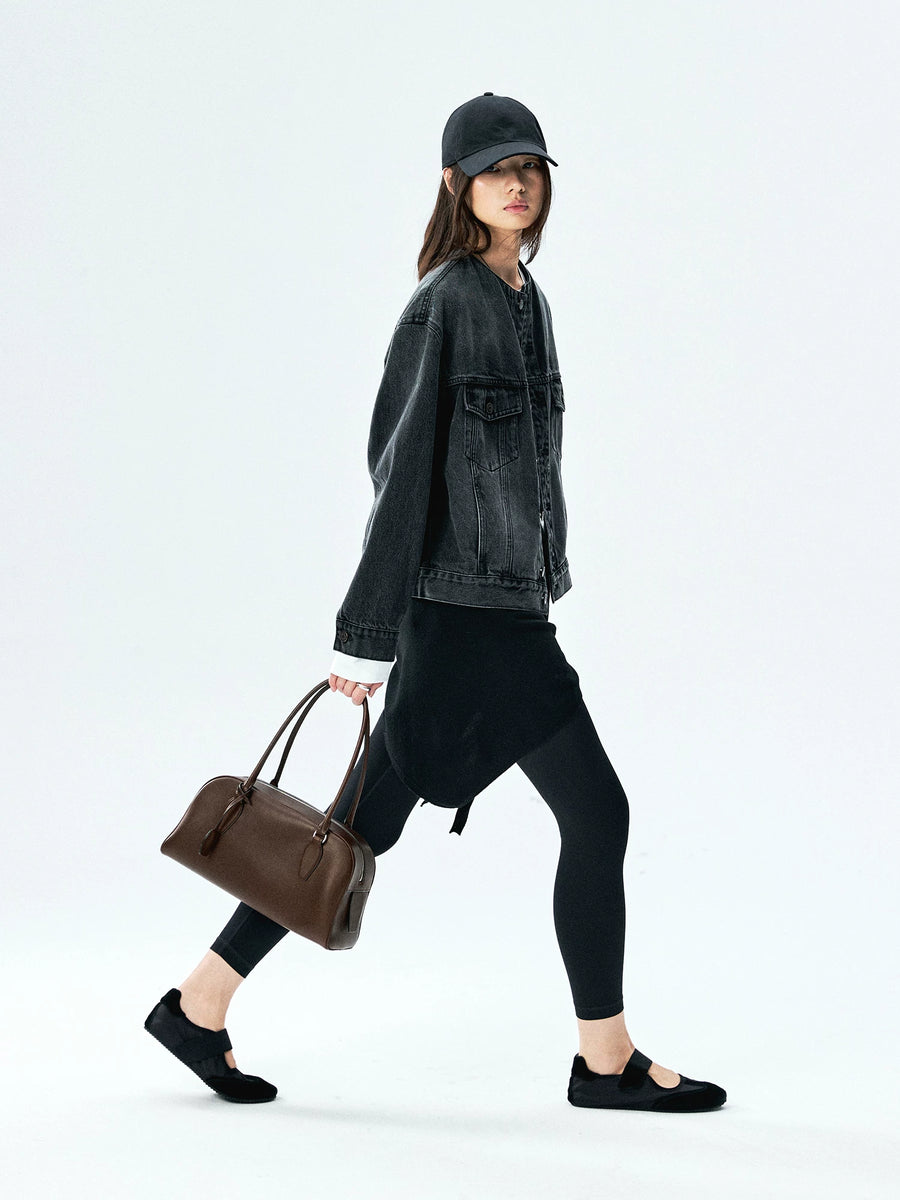 Washed Cotton Denim Collarless Jacket, view 4