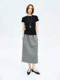 Textured Wool–Cotton Knit Skirt | Silk Trim Elastic Waist | Back Vent | Casual Sweat Skirt | Women Skirt | MRS Studios