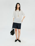 Linen Cotton Knit Stripe T-Shirt | Black White Pinstripe Knit | Drop-Shoulder Relaxed Cut | Women Top | MRS Studios
