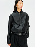 Uncoated Lambskin Baseball-Collar Jacket | Soft First-Layer Leather | Stand Collar & Zip Front | Women Jacket | MRS Studios