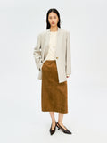 Reversed Suede Lambskin Midi Skirt | Elastic Waist with Back Slit | Imported Lamb Suede | Women Skirt | MRS Studios