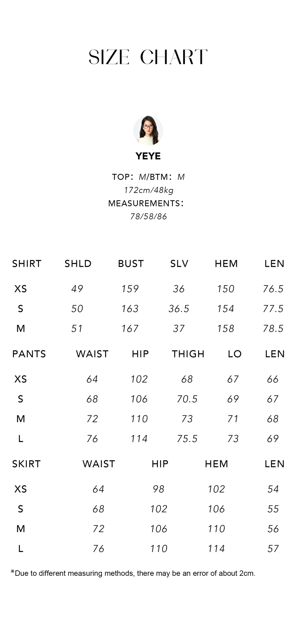 Size chart for Japanese Linen Shirt, Skirt & Cropped Pants