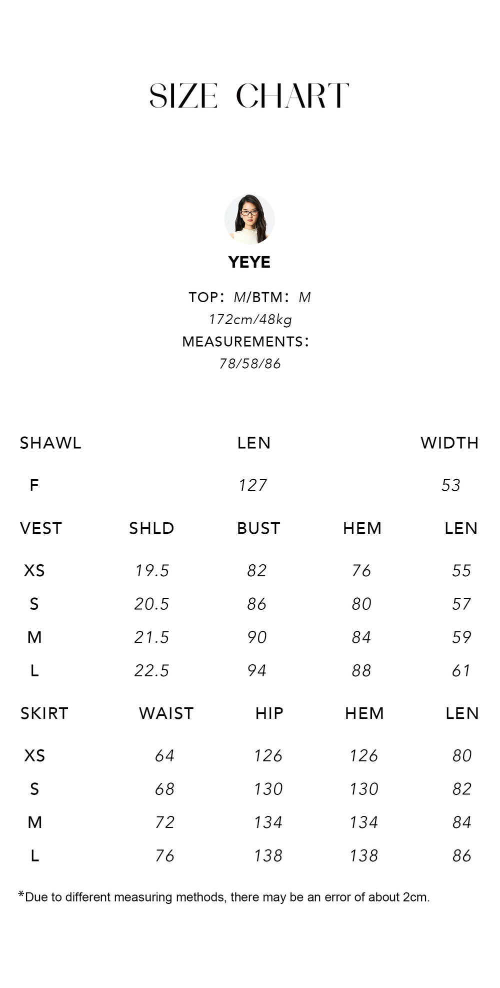 Size chart for Linen Blend Camisole, Skirt & Shawl