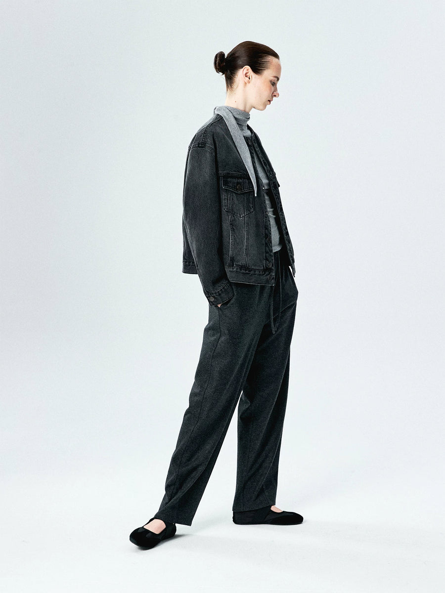 Washed Cotton Denim Collarless Jacket, view 5