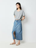 Washed Cotton Denim Skirt | High-Waist Front Slit | Straight Vintage Silhouette | Women Skirt | MRS Studios