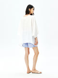 French Linen V-Neck Batwing Cape Blouse | Drop-Shoulder A-Line | Hi-Low Curved Hem | Women Top | MRS Studios